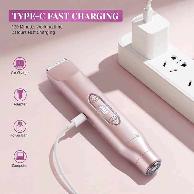 Bikini Trimmer for Women,3 in 1 Electric Razor with Ceramic Blades, IPX7 Waterproof, USB Rechargeable, Painless Hair Removal for Face,Body,Bikini Area, Travel Grooming Kit (Rose Gold)-Velvo Beauty