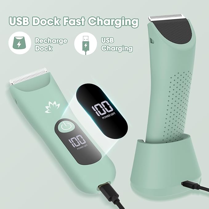 Bikini Trimmer for Women, Painless Pubic Hair Trimmer for Armpit Leg Arm Body Private Area,Rechargeable Womens Electric Razors Shaver LED Light Ceramic Blade IPX7 Waterproof Wet/Dry LCD Display,Green-Velvo Beauty