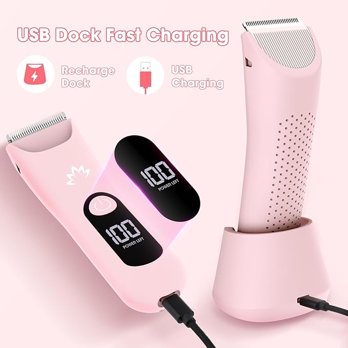Bikini Trimmer for Women, Painless Pubic Hair Trimmer for Armpit Leg Arm Body Private Area,Rechargeable Womens Electric Razors Shaver LED Light Ceramic Blade IPX7 Waterproof Wet/Dry LCD Display,Pink-Velvo Beauty