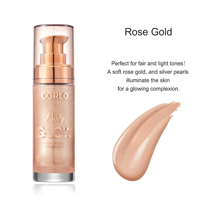 Corlo Body Shimmer Oil Liquid Glitter Face Luminizer Glow Highlighter Waterproof Long Lasting Moisturizing Luminizer FaceProm Party Makeup Brush Include(Rose Gold, Body Oil)-Velvo Beauty