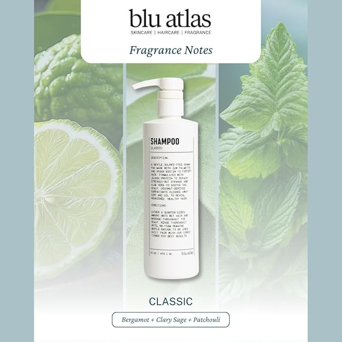Blu Atlas Men's Natural Shampoo – Organic, Sulfate-Free, Paraben-Free – Deep Cleansing & Hydrating – Classic Scent (Bergamot, Sage, Patchouli) – Made in America– 16 oz-Velvo Beauty