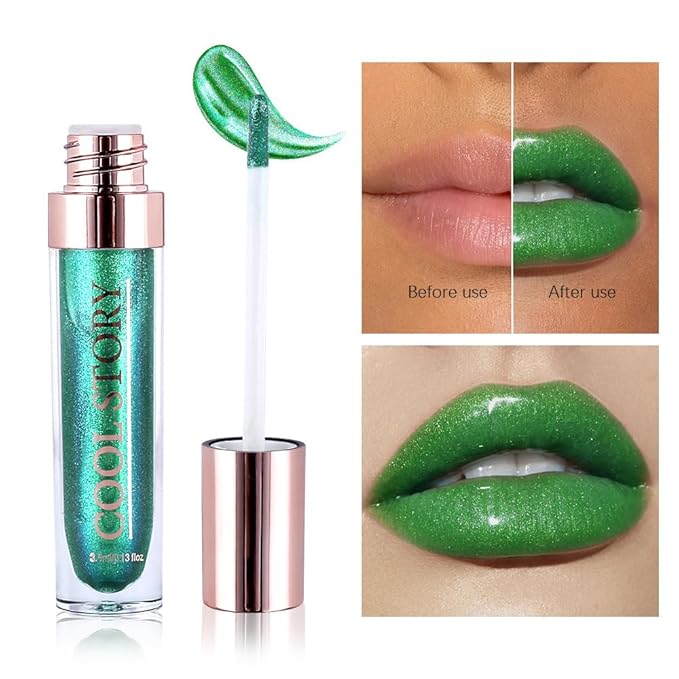 GECOMO Colorful Explosive Pearlescent Lip Gloss 3D Multifunctional Fine Glitter Chameleon Lip Gloss Polarized Diamond Makeup,Magic Big Brush Color Changing Lip Oil(106# COLORFUL GREEN FLASH)-Velvo Beauty