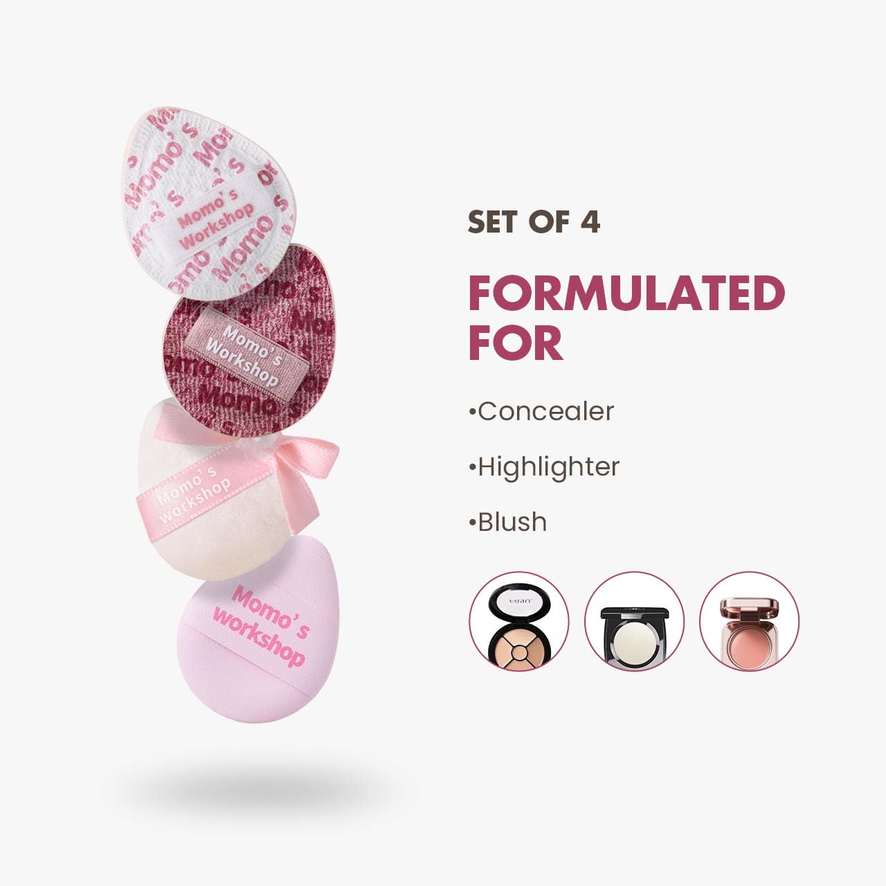 Mini Denim Makeup Sponge Set,Mini Makeup Blenders Sponge for Concealer/Blush/Highlighter, Perfect for Detail Work & Travel,4pcs Pink Mini Concealer Puffs with Travel Pouch-Velvo Beauty