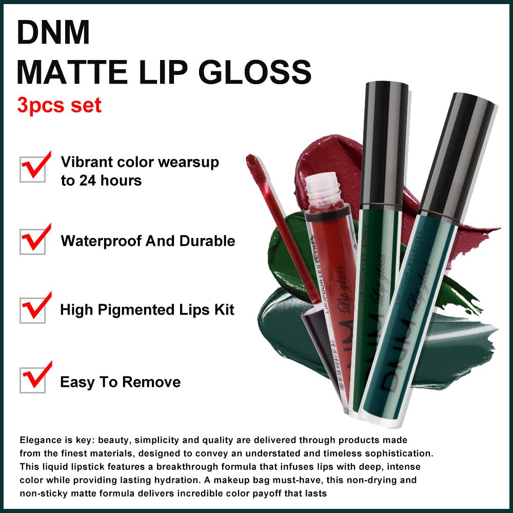 evpct 3Pcs Dark Color Colored Red Emerald Green Matte Liquid Lipstick Make up Set 24 Hour Long Lasting Waterproof Smudge Proof Deep red Green Liquid Lipstick Matte Lip Stain Gloss Liner Kit 8-Velvo Beauty