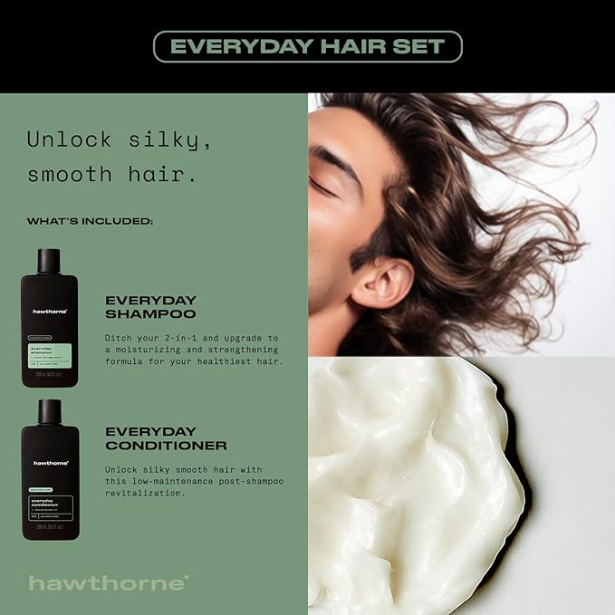 Hawthorne Men's Everyday Shampoo and Conditioner Set. For Stronger, Healthier Hair with Pure Avocado Oil and Coconut Oil. Mint and Eucalyptus Scent. Sulfate Free, Paraben Free. 8 fl. oz each.-Velvo Beauty