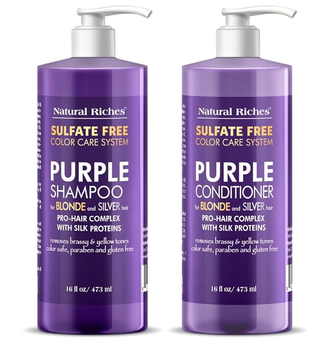 Natural Riches Purple Shampoo and Conditioner Set Sulfate Free Salon Grade for Silver Blonde Platinum Hair. Removes Yellow & Brass tones. Grey Highlighted Hair 16x2 fl oz-Velvo Beauty