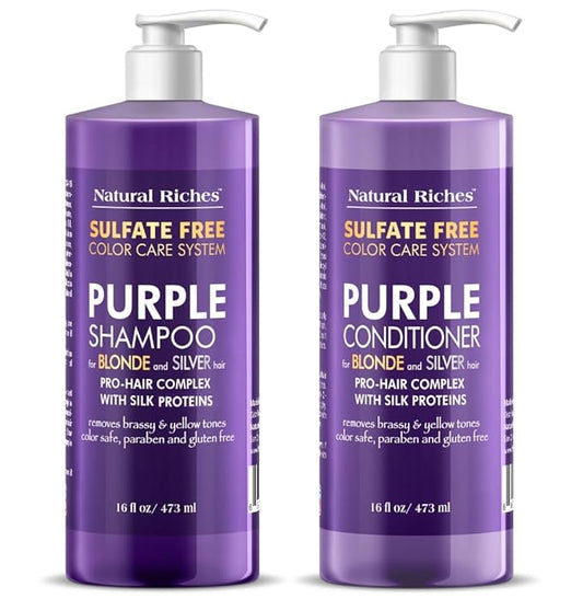 Natural Riches Purple Shampoo and Conditioner Set Sulfate Free Salon Grade for Silver Blonde Platinum Hair. Removes Yellow & Brass tones. Grey Highlighted Hair 16x2 fl oz-Velvo Beauty