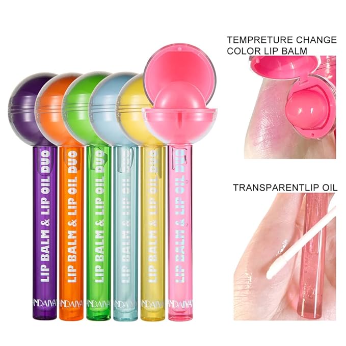 Tinted Lip Balm Lollipop Lip Gloss, Magic pH Color Changing Pink Lipstick & Vitamin E Clear Lip Oil Combo, Hydrating Plumping Lip Care Product for Girls (Orange)-Velvo Beauty