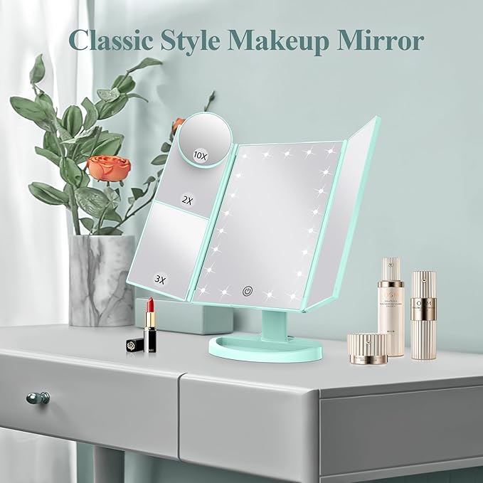 HUONUL Makeup Mirror Vanity with Lights, 2X 3X 10X Magnification, Lighted Mirror, Touch Control, Trifold Dual Power Supply, Portable LED Women Gift (Green)-Velvo Beauty