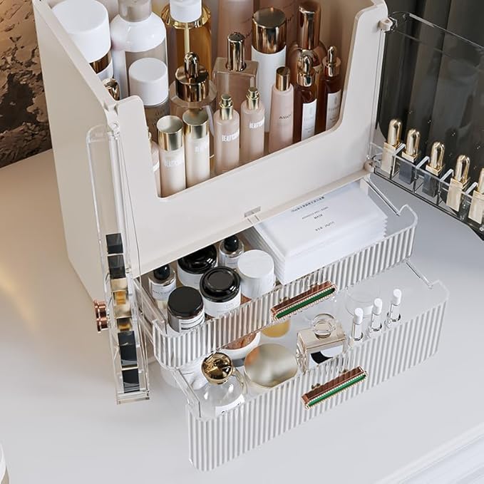 Acrylic Makeup Organizer with Drawers – 38.5CM Large Capacity Cosmetic Storage Box, Dustproof & Waterproof Vanity Organizer for Skincare, Jewelry, Lipsticks & Beauty Products (White)-Velvo Beauty
