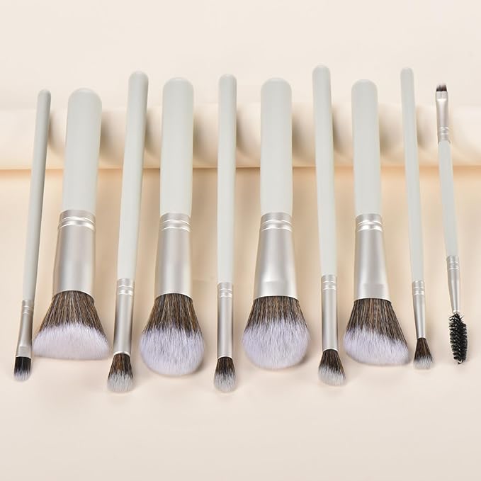 10 Piece Makeup Brushes - Grayish Green Wooden Handle with Soft Synthetic Bristles,for Face & Eye Makeup|Professional Makeup Brushes set for Women & Girls|-Velvo Beauty