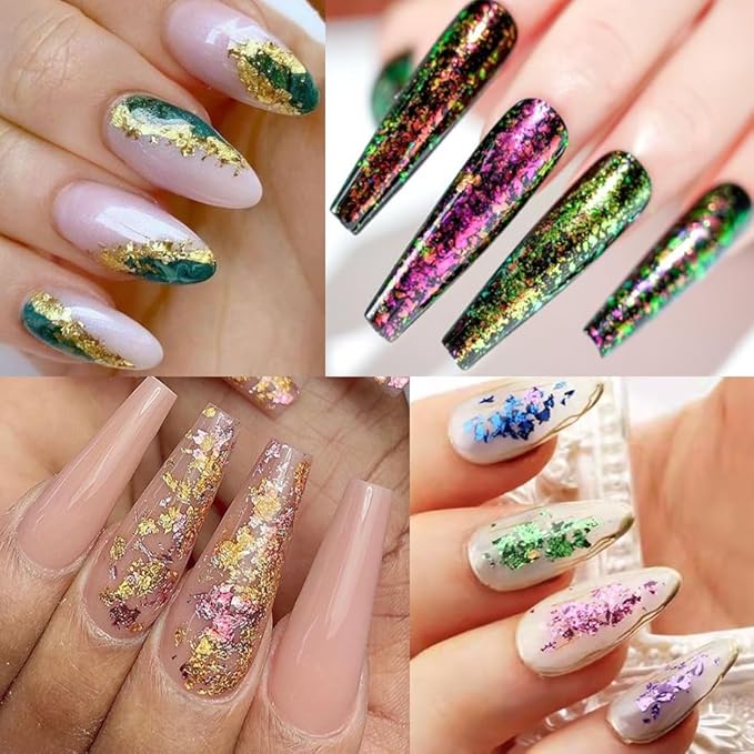 24Grid Aurora Opal Iridescent Nails Mermaid Flake Powder,Holographic Metal Color Gold Silver Confetti Nail Art Foil Paillettes,Irregular Glitter Sparkly Sequin Design for Manicure Decoration-Velvo Beauty