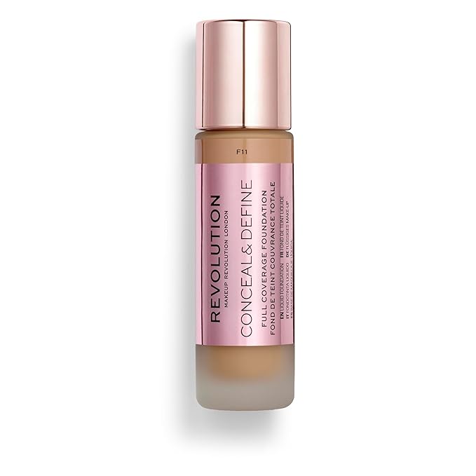 Revolution Beauty, Conceal & Define Foundation, Full Coverage, Long-Lasting Matte Finish, Vegan & Cruelty Free, F11 Medium to Dark Skin Tones, 0.8 Fl.Oz.-Velvo Beauty