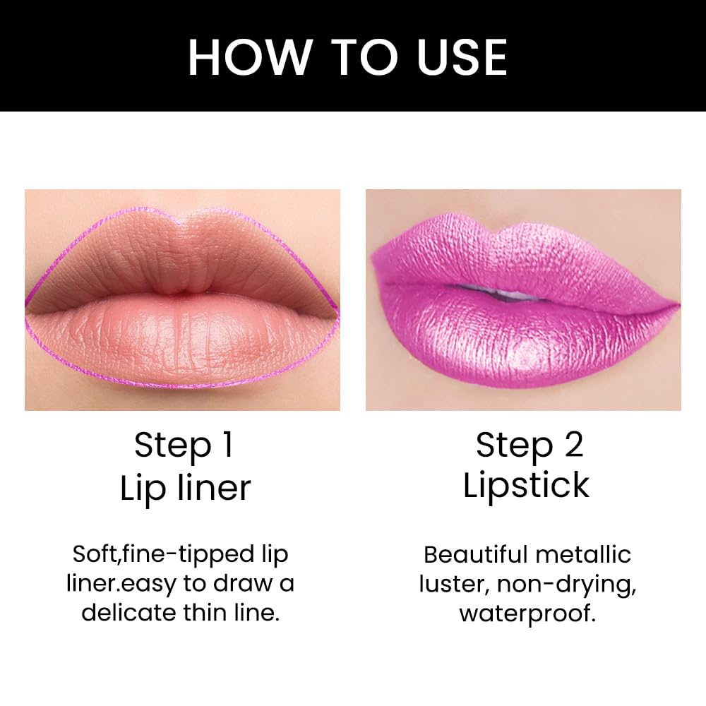 Kaely 2-in-1 Pink Metallic Shine Shimmer Lip Liner & Lipstick Combo Set Kit for Women, Lightweight Hydrating Formula High Impact Full Coverage Lipstick and Lip Liner Makeup Stains Gloss 19-Velvo Beauty
