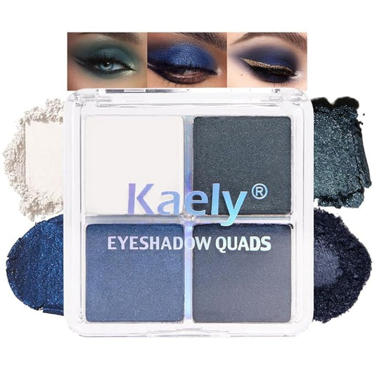 Kaely Powder Eyeshadow Quad, Blue Green Glitter Shimmer Eyeshadow Palette Makeup, Neutral Eye Shadow Palette for Older Women Pigmented Waterproof, sombras para ojos, Blendable, Cruelty-free, 08-Velvo Beauty