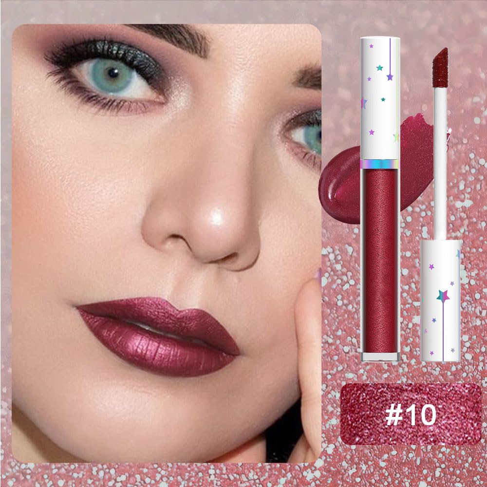 evpct 1Pcs Dark Red Metallic Shimmer Glitter Lip Gloss Liquid Lipstick Long Lasting Waterproof 24, Glitter Pearlescent Metallic Sparkly Glossy Liquid Lipsticks Lip Stain Makeup Set for Women 10#-Velvo Beauty