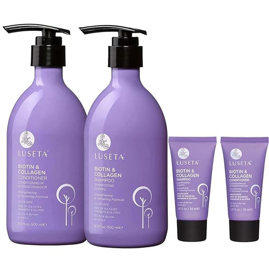 Luseta Biotin Shampoo and Conditioner Set with Argan Oil for Damaged Hair Repair, Growth and Thickening - Full Size and Travel Size (2x16.9 oz + 2x1.01 oz)-Velvo Beauty
