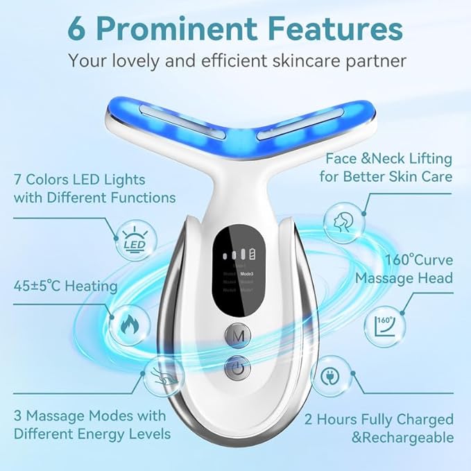 Neck Face Massager, 7-in-1 Portable Facial Massager for Enhanced Face, Neck and Shoulder Care with Vibrating and Warming Function,White-Velvo Beauty