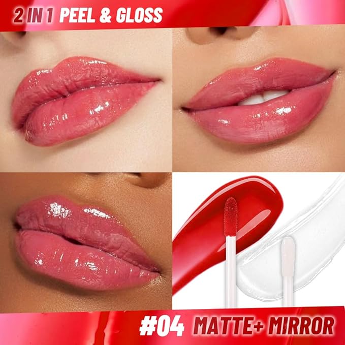 Lip Stain Peel Off Lip Gloss oil Dual-Ended Combo, Vivid Burgundy Lips Liner Stain Peel Off Tattoo, Long Lasting & Waterproof, Transfer-Proof Lip Tint Stain with Lip oil for All Skin Type 04#-Velvo Beauty