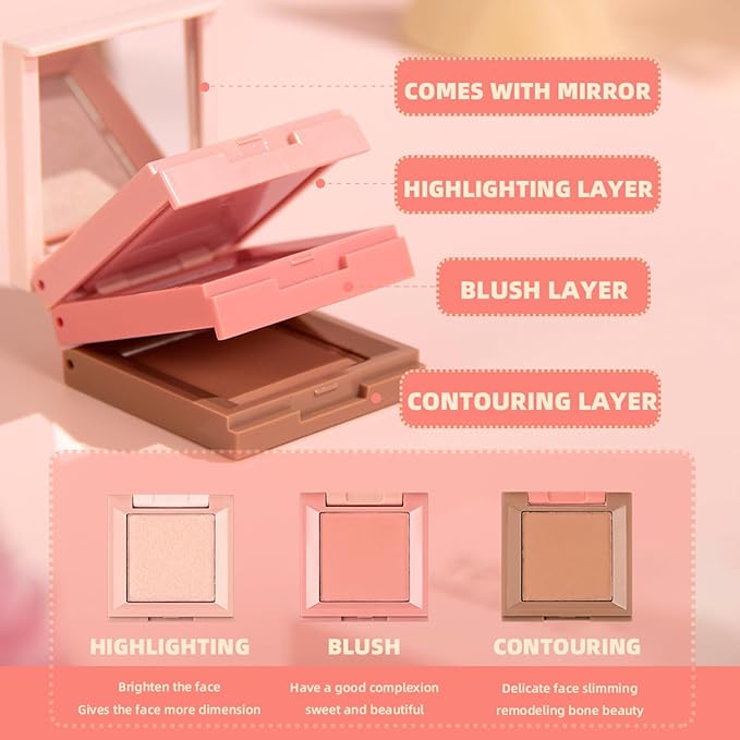 3 in 1 Contour Highlighter Blush Makeup Palette Kit, Matte Shimmer 3 Colors Highlighting Bronzing Blusher Eyeshadow Pallet, Long Lasting Full Face Eyes Contouring Shaping Makeup Set with Mirror-Velvo Beauty