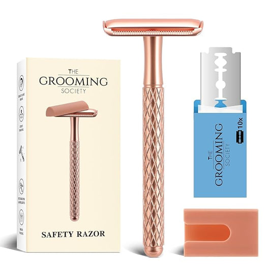Double Edge Safety Razor for Women with Silicone Cover & 10 Blades for Travel Metal Eco-Friendly Reusable Single Blade Razor for Shaving (Rose Gold)-Velvo Beauty