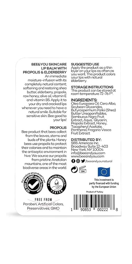 Bee and You Elderberry and Propolis Extract Lip Balm, Beeswax, Shea Butter, Vitamin E, 100% Natural Moisturizing Lip Balm, Chapstick, Chapped Lips Treatment Severe, 10ml-Velvo Beauty