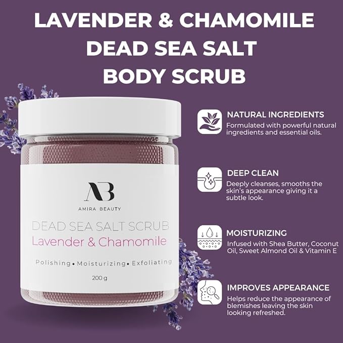 Amira Beauty Dead Sea Salt Body Scrub | Lavender & Chamomile | Foaming Shower Scrub with Organic Essential Oils | Exfoliates and Moisturizes Skin | 7 OZ-Velvo Beauty