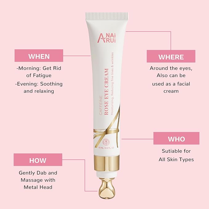 ANAI RUI Rose Caffeine Eye Cream for Dark Circles, Under Eye Serum for Puffiness Bags, Anti-Aging Eye Cream with Retinol, Collagen, Hydrating, Firming, Reduce Wrinkles and Fine Lines Daily 0.5 FL OZ-Velvo Beauty