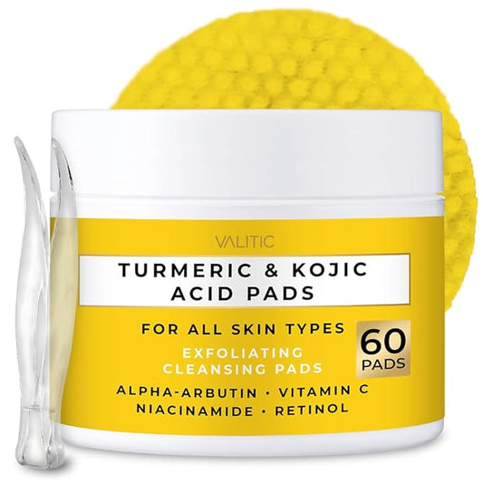 VALITIC Turmeric Kojic Acid Cleansing Pads - Exfoliating Dark Spot Remover for Face with Vitamin C, Alpha Arbutin, Niacinamide and Retinol - Kojic Acid And Turmeric Cleansing Pads - 60 Units-Velvo Beauty