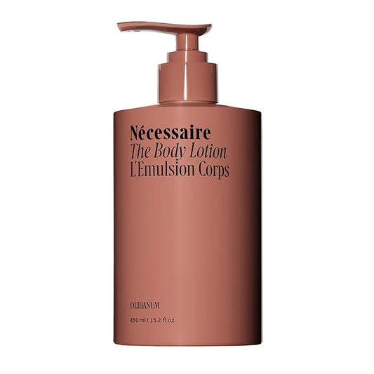 Nécessaire The Body Lotion with Pump. Olibanum. Multi-Peptide Firming to Moisturize + Strengthen. 2.5% Niacinamide, Vitamin C/E + Omega 6/9. Notes of Vanilla, Fig Leaf, & Cassis Buds. 450ml/15.2 fl oz-Velvo Beauty