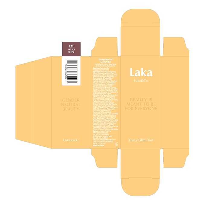 Laka Fruity Glam Tint, 4.5g/0.15 oz., Glowing Lip Stain with Wide Color Spectrum, Hydrating & Lightweight Texture, Long-Lasting Bold Stain, Non-Sticky, Vegan, K-Beauty (#121 Ash Nut)-Velvo Beauty