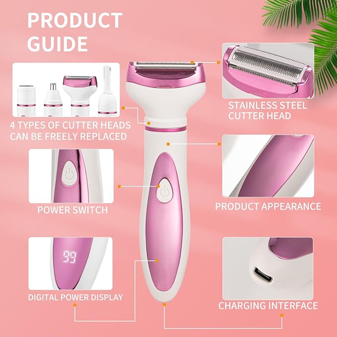 Electric Razor for Women, Bikini Trimmer Womens Shaver for Face Nose Eyebrow Body Leg Pubic Underarm Arm Ladies Rechargeable 4 in 1 Hair Removal Kit Painless Trimming, Gifts for Women (Pink)-Velvo Beauty