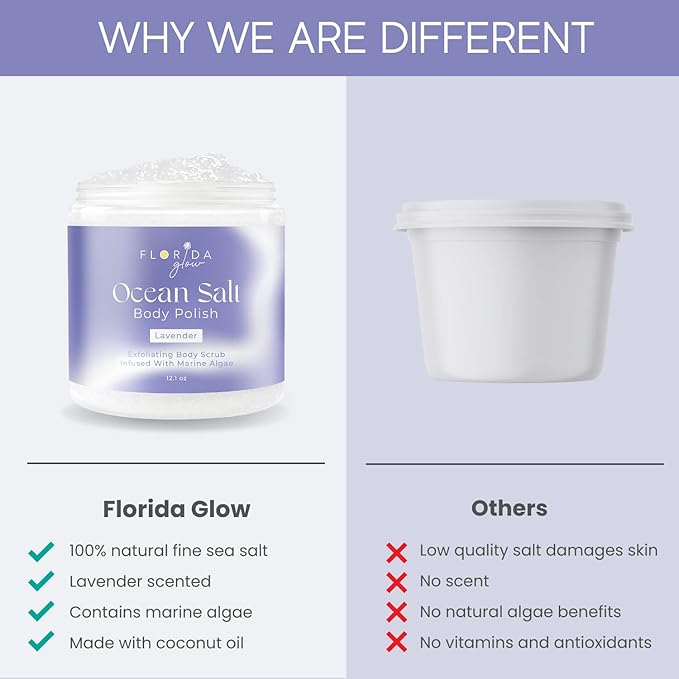 Sea Salt Body Scrub by Florida Glow - Ocean Salt Body Polish Infused with Marine Algae - Exfoliating Face and Body Scrub - to Tackle Acne and Scars for Smooth Soft Skin (Lavender, 12.1 oz)-Velvo Beauty