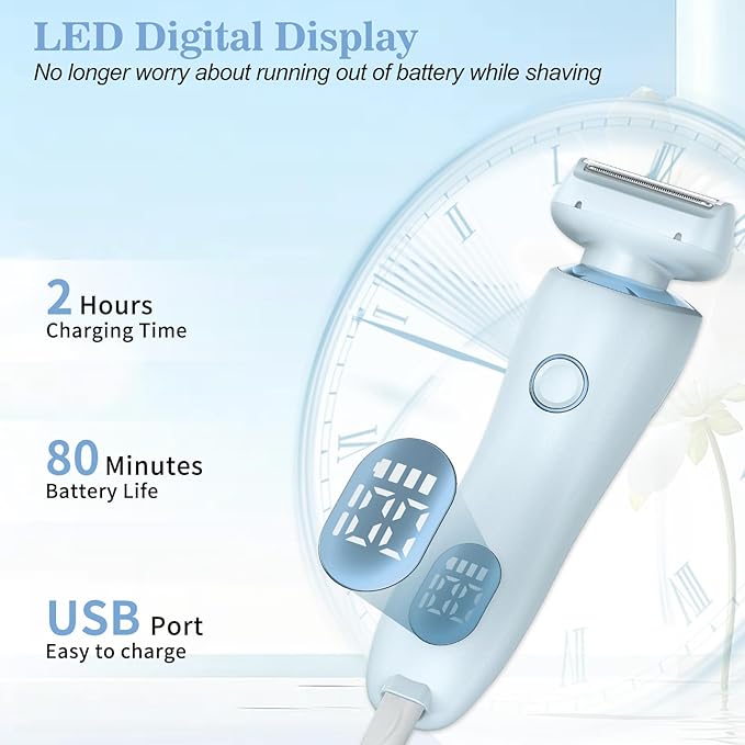 Livora Electric Shaver for Women, 2 in 1 Wet & Dry Bikini Trimmer with 2 Removable Heads, The Glide Pro 3.0 Razor, Painless Hair Removal for Bikini, Legs, Underarms, Body (Blue)-Velvo Beauty