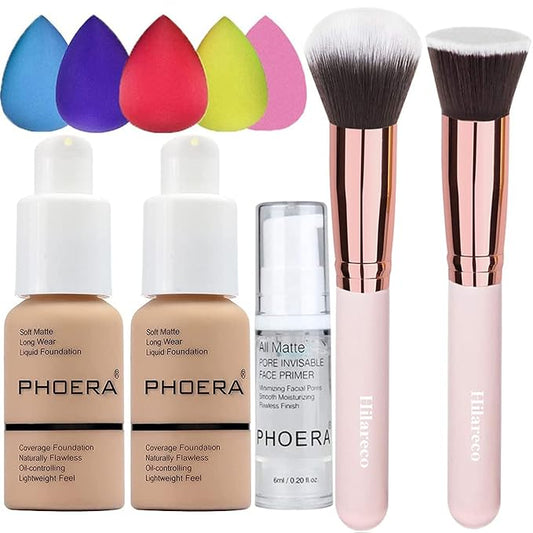 2 Pack PHOERA Foundation Buff Beige 104 and Face Primer,Liquid Full Coverage Foundation Set,Foundation Brush Powder Brush,5 Makeup Sponge,24HR Matte Oil Control Concealer (104- Buff Beige)-Velvo Beauty