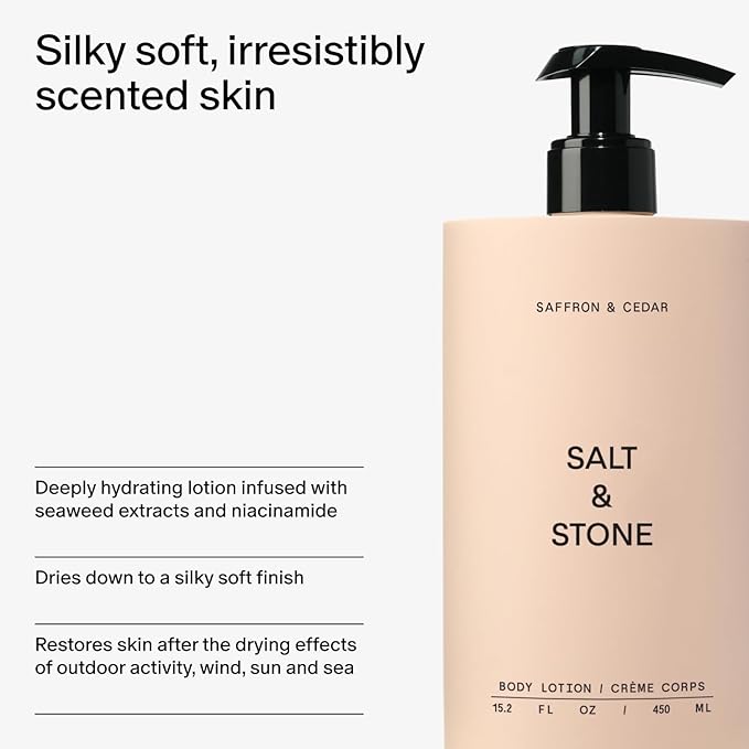 Salt & Stone Body Lotion for Women & Men | Hydrates, Nourishes & Softens Skin | Restores Dry Skin | Fast-Absorbing | Cruelty-Free & Vegan (Saffron & Cedar - 15.2 fl oz)-Velvo Beauty