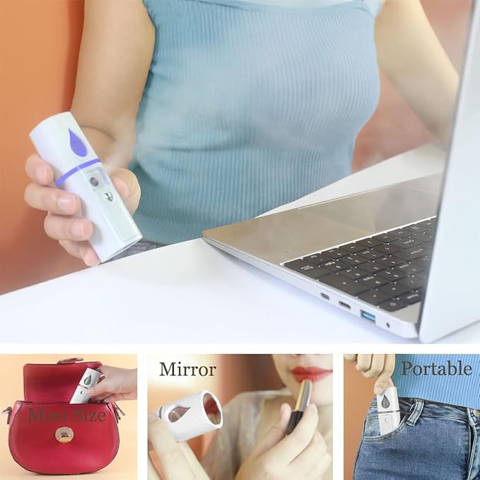Nano Facial Mister Portable Mist Sprayer with Mirror Mini Cool Mist Spray for Skin Care & Facial Body Moisturized & Eyelash Extensions, USB Rechargeable (White)-Velvo Beauty