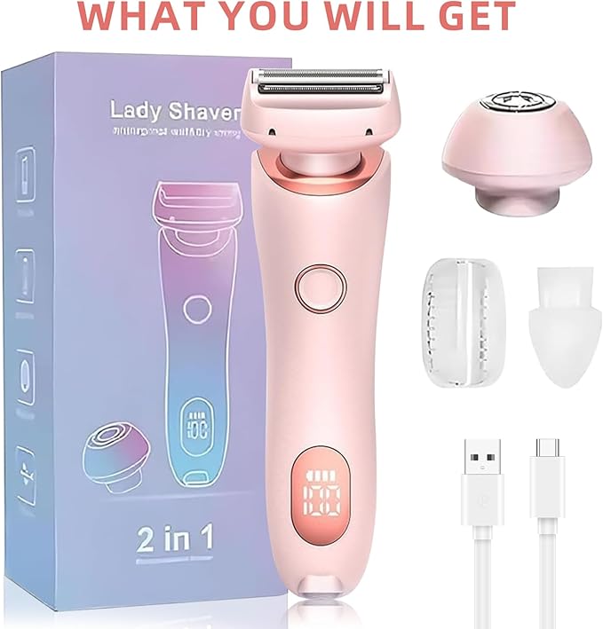 Womens Electric Shaver, 2 in 1 Razor for Women, Wet & Dry Electric Waterproof Razor with LED Display, Cordless Bikini Trimmer for Sensitive Skin, Painless Hair Removal-Velvo Beauty