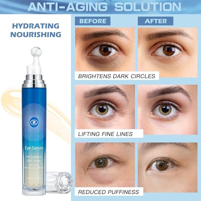5% Caffeine Eye Serum, Under Eye Roller Cream for Dark Circles, Anti-aging Wrinkles And Firming, 360° Massage Ball Ice Roller For Fine Lines, Bags, Puffy Eyes, Eye Skin Care For Women Men (CAFFEINE)-Velvo Beauty