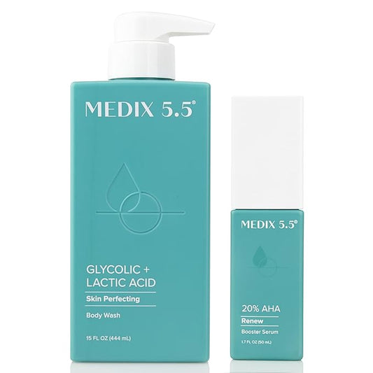 Medix 20% Glycolic Acid Booster + Exfoliating Body Wash Cleanser Skin Care 2PC Set | AHA Exfoliant Body Wash + Body Serum Both Refine + Soften Dead Dry Skin, Bumps, Wrinkles, & Fine Lines, Bundle-Velvo Beauty