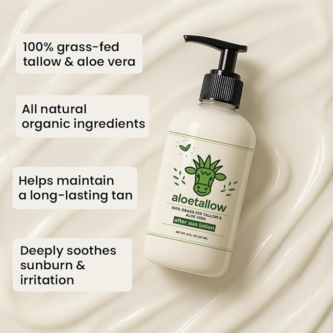 After Sun Lotion for Sunburn Relief & Tan Extender – Aloe Vera & Grass Fed Tallow with Shea & Cocoa Butter – Non-Toxic Daily Body Moisturizer for Dry Skin, Face & After Tanning-Velvo Beauty