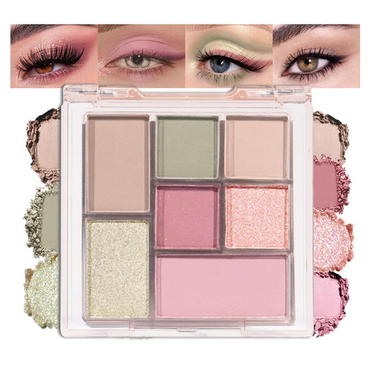 Nude Pink 7Colors Eyeshadow Makeup Palette with Mirror,Green Natural Neutral Eye Shadow Palettes for Older Women,Long Lasting Naturing-Looking,Lightweight,Waterproof,Eye Makeup Kit Travel Size,Vegan-Velvo Beauty