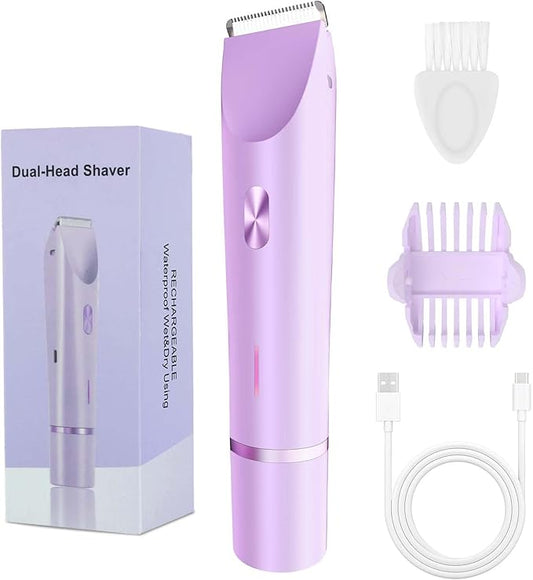 2-in-1 Bikini Trimmer and Shaver Kit for Women, Electric Body Hair Trimmer Facial Hair Removal Cordless Bikini Shaver Razor for Face Lip Chin Pubic Underarm Legs, Purple-Velvo Beauty