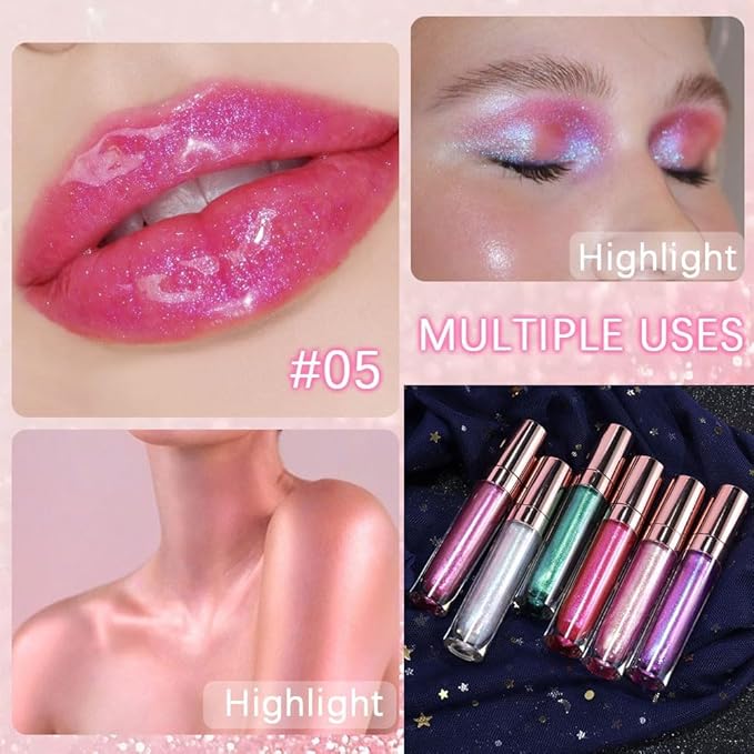 GECOMO Colorful Explosive Pearlescent Lip Gloss 3D Multifunctional Fine Glitter Chameleon Lip Gloss Polarized Diamond Makeup,Magic Big Brush Color Changing Lip Oil(105# BLUISH PURPLE FLASH)-Velvo Beauty