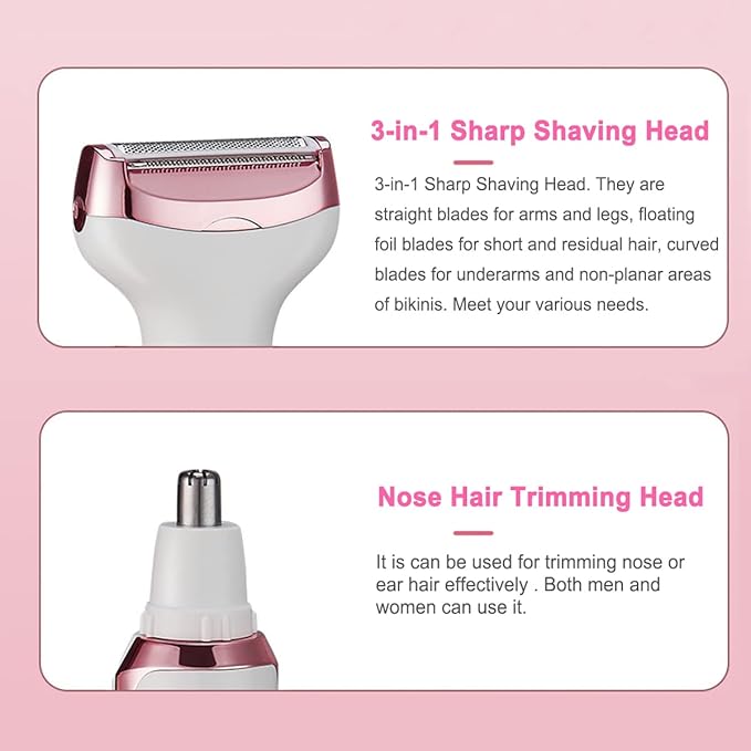 Bikini Trimmer for Women, Electric Razor Hair Shaver for Face Nose Eyebrow Beard Mustache Arm Leg Armpit Bikini, Replaceable Lady Facial Razor, Painless Rechargeable 4 in 1 Women Body Shaver for Trip-Velvo Beauty
