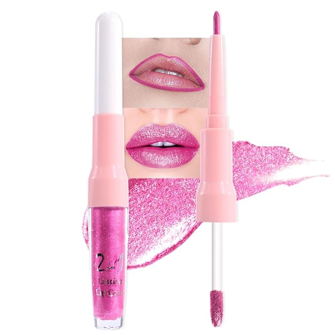 evpct Hot Pink Metallic Glitter Lip Liner and Lipstick Combo Lip Gloss Stain Set Makeup for Women Long Lasting Waterproof 24, Rose Pink Frosted Metallic Shimmer Glossy iridescent Liquid Lipstick 07-Velvo Beauty