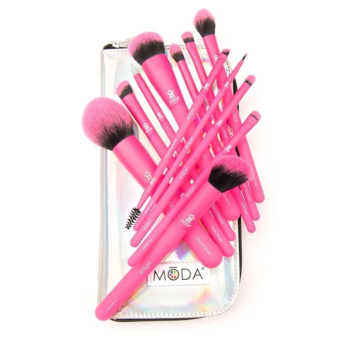MODA Totally Electric Neon Full Face Makeup Brush Kit – 13pc Vibrant Brush Set for Face & Eyes with Zip Case (Neon Pink)-Velvo Beauty