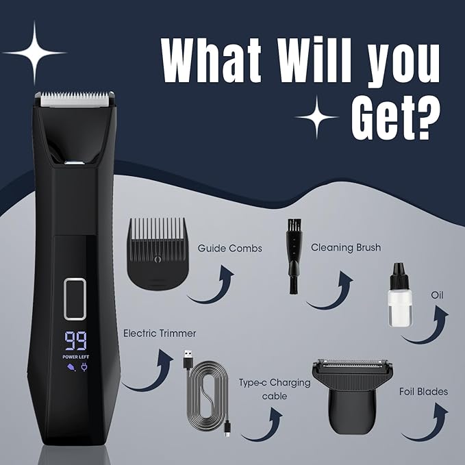2-in-1 Manscape Trimmer for Men,Body & Groin Hair Trimmers for Men,Bikini Trimmer Women- Wet/Dry Electric Razors for Smooth No-Nick Shaving,IPX7 Waterproof Ball Shaver,LED Display,Black-Velvo Beauty