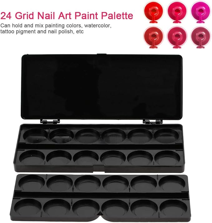 Nail Art Palette, 24 Grid Plastic Nail Art Paint Color Mixing Palette Plate Watercolor Pigment Color Mixing Case Manicure Drawing Tray(Black)-Velvo Beauty