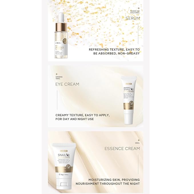 Snail Mucin Skin Care Set,Gold Snail Serum,Ginseng Snail Eye Cream,Snail Essence Cream 3 in 1 Essentials Travel,Improve Damaged Skin Lmproves Elasticity and Minimizes Pores(3pcs)-Velvo Beauty